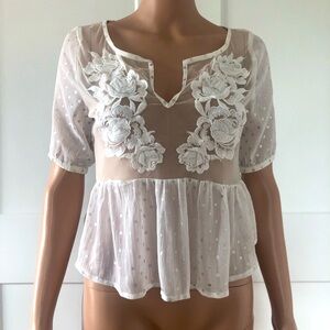 Abercrombie Fitch AF White Floral Mesh Lace Cropped Peplum Top Blouse XS